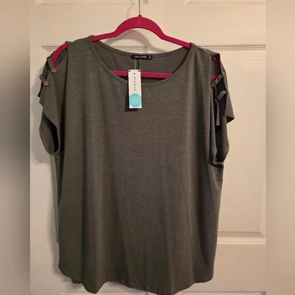 Pink Clover Olive Gray Cold-Shoulder Short Sleeve Top - Picture 1 of 2